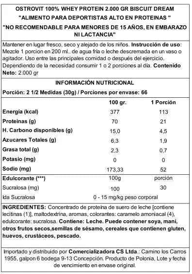 OstroVit 100% Whey Protein 2000 g Biscuit Dream – Proteína de Suero Certificada, 66 Porciones, Calidad Europea