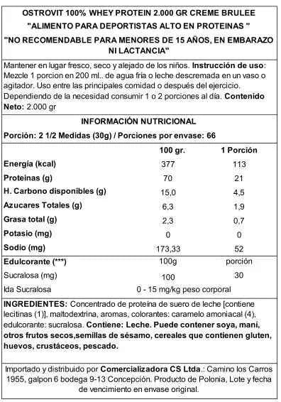OstroVit 100% Whey Protein 2000 g Creme Brulee – Proteína de Suero Certificada, 66 Porciones, Calidad Europea
