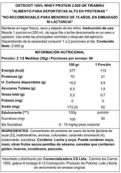 OstroVit 100% Whey Protein 2000 g Tiramisu – Proteína de Suero Certificada, 66 Porciones, Calidad Europea