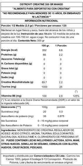 OstroVit Creatina Monohidratada 300 g Mango – Calidad Europea, 60 Porciones de 5 g