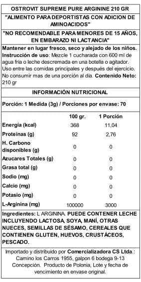 OstroVit L-Arginina 210 g Sin Sabor – Precursor de Óxido Nítrico para Pump y Rendimiento