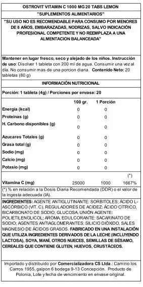 OstroVit Vitamina C 1000 mg 20 Tabs Efervescentes Limón – Bebida Vitamínica Refrescante y Sin Azúcar