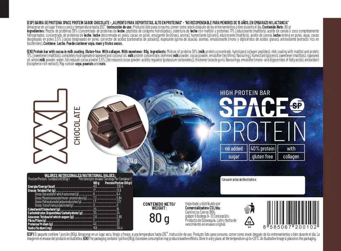 Space Protein Barra de Proteína XXL Chocolate 80 g – Plant-Based, Bajo en Carbohidratos