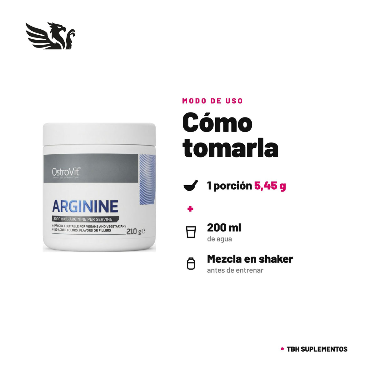 Arginina OstroVit — cómo tomarla, modo de uso: Disuelve 1 porción (5,45 g · 3/4 de scoop) en 200 ml de agua. Toma 30 minutos antes de entrenar. 100% original, envío a todo Chile.