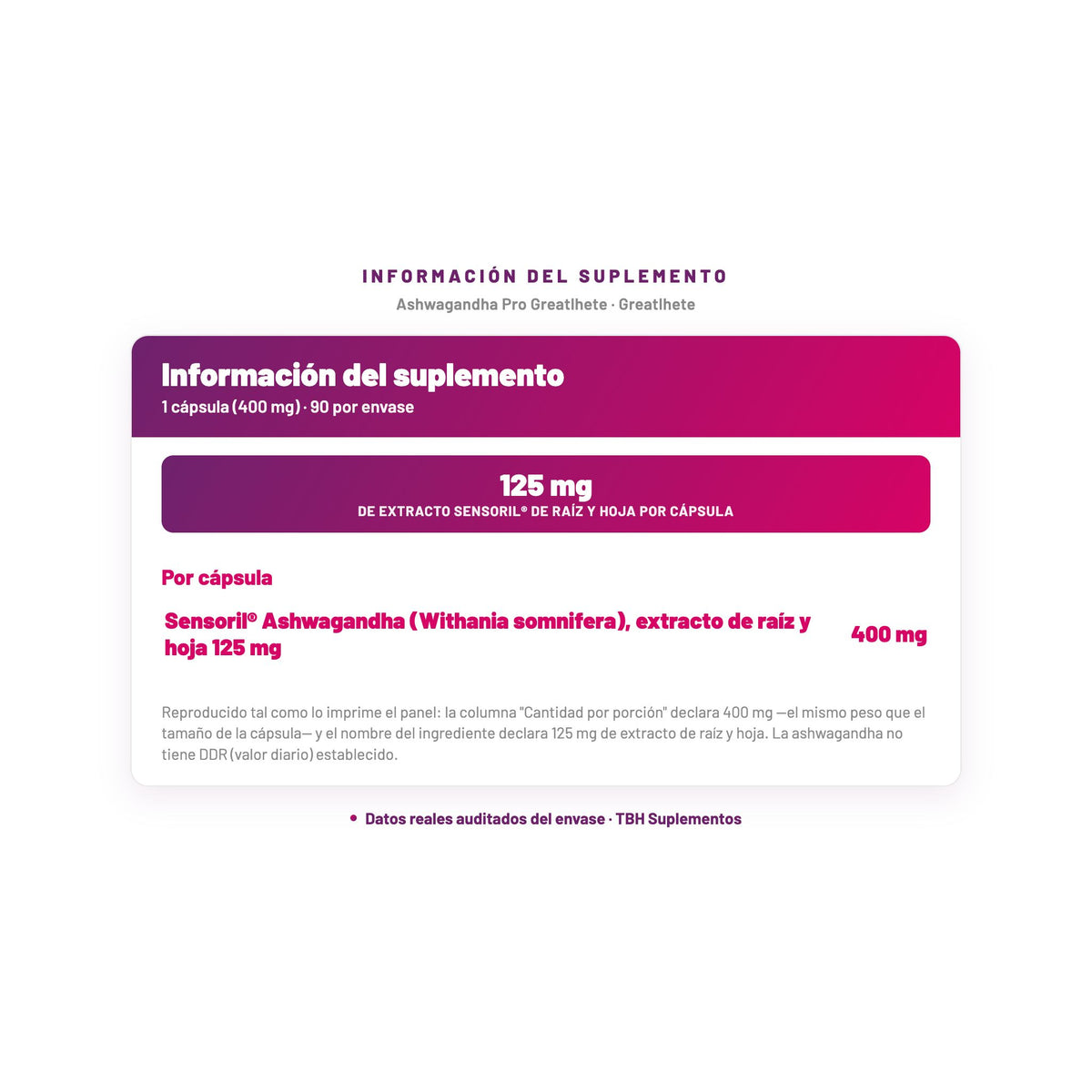 Ashwagandha Pro Greatlhete — información del suplemento por porción, datos verificados del envase