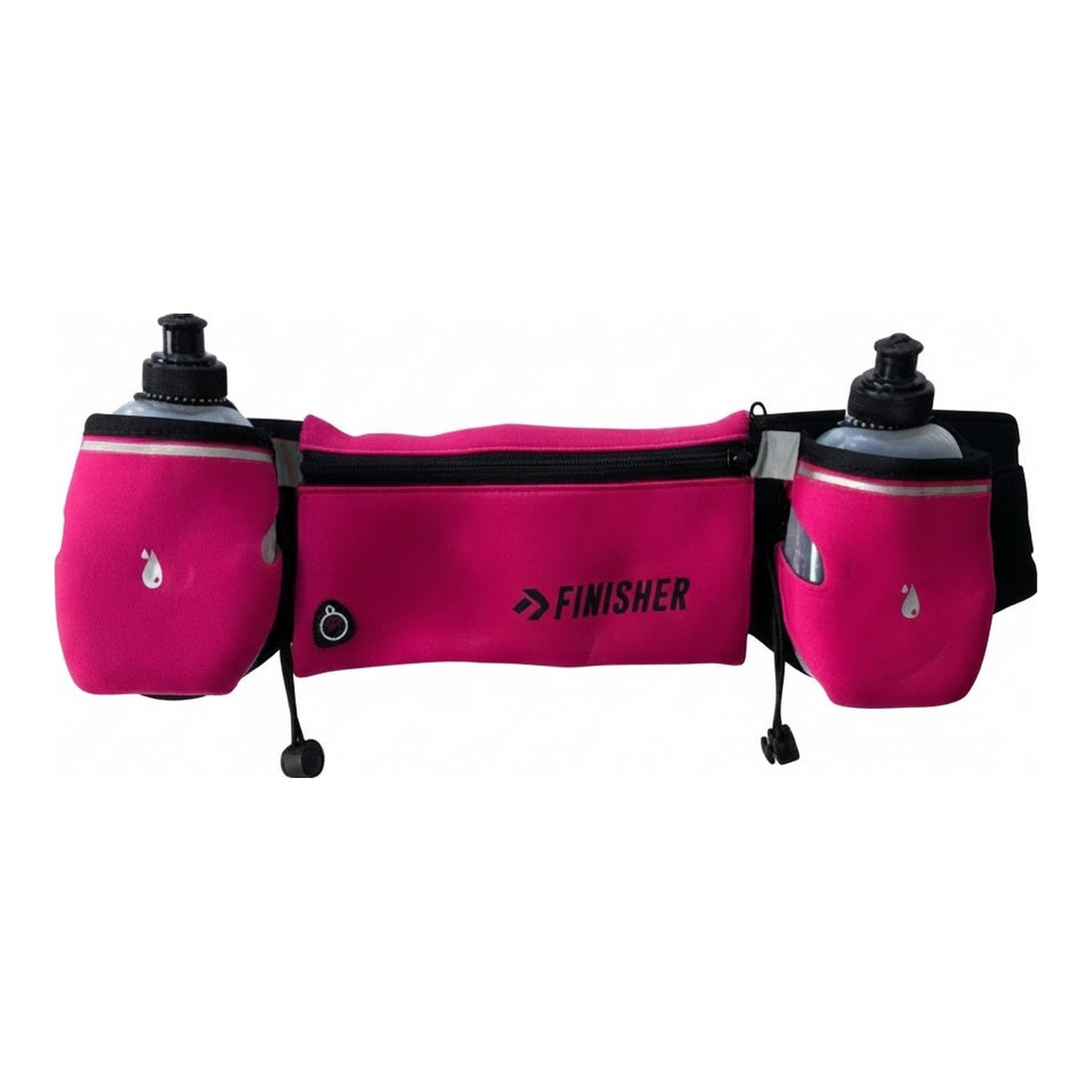 Banano de running Finisher fucsia con dos botellas, bolsillo central con cierre y detalles reflectantes - vista frontal