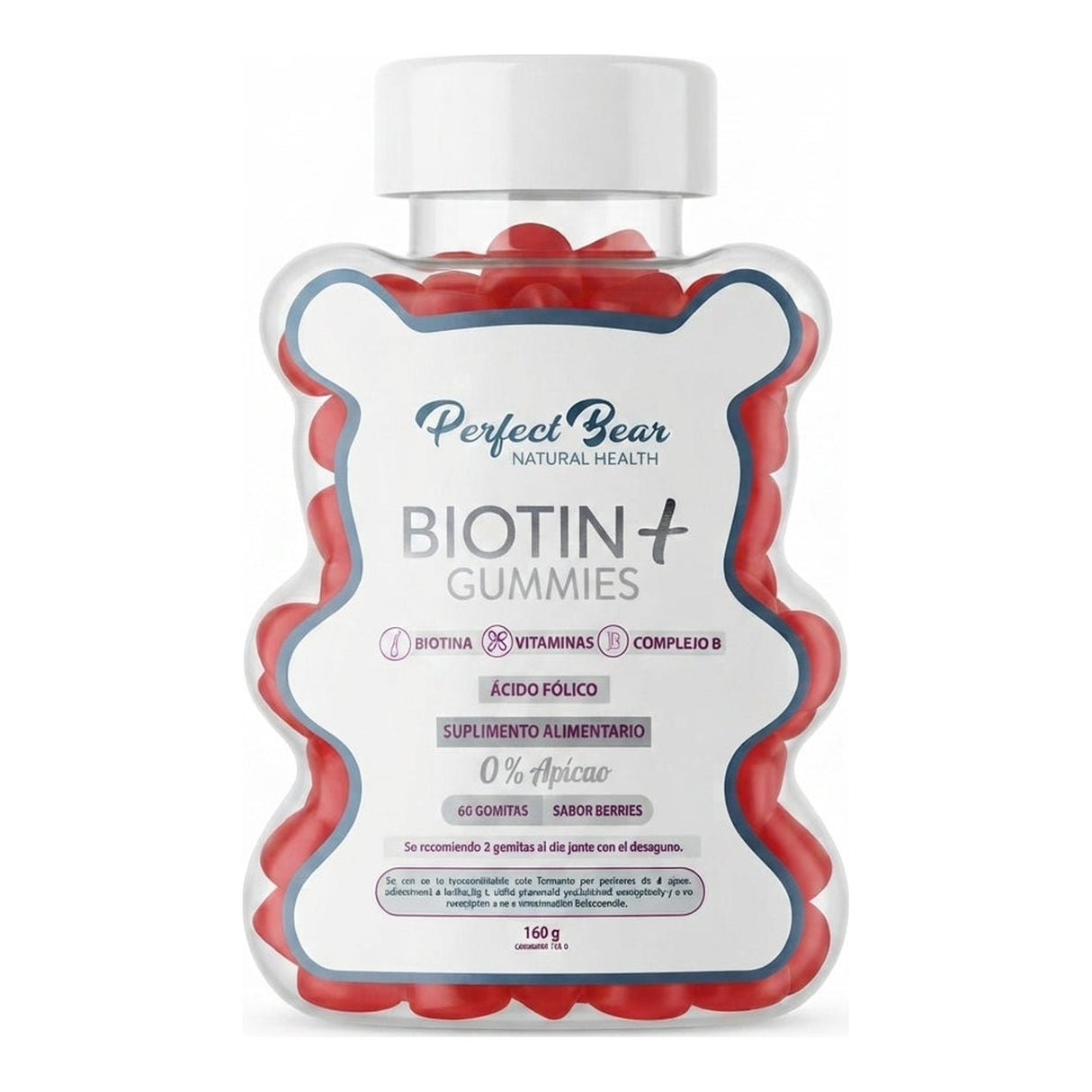 Gomitas de biotina Perfect Bear sabor berries - 150 mcg de biotina por porción, 60 gomitas sin azúcar - vista frontal del envase