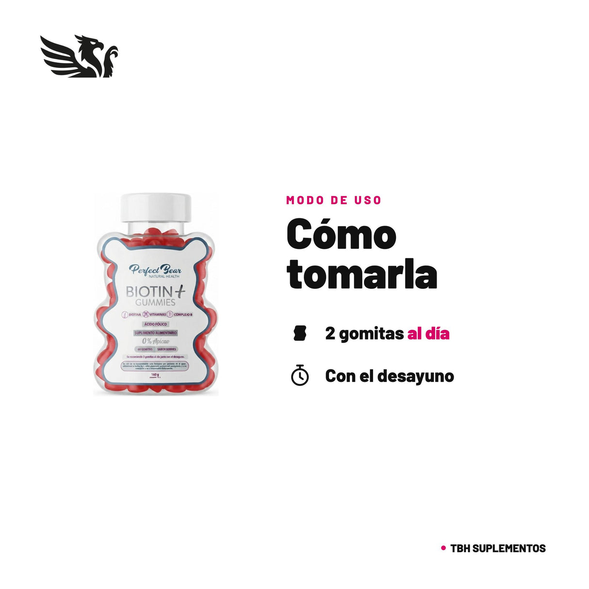 Biotina + Complejo B Perfect Bear — cómo tomarla, modo de uso: Consume 2 gomitas al día junto con el desayuno. 100% original, envío a todo Chile.