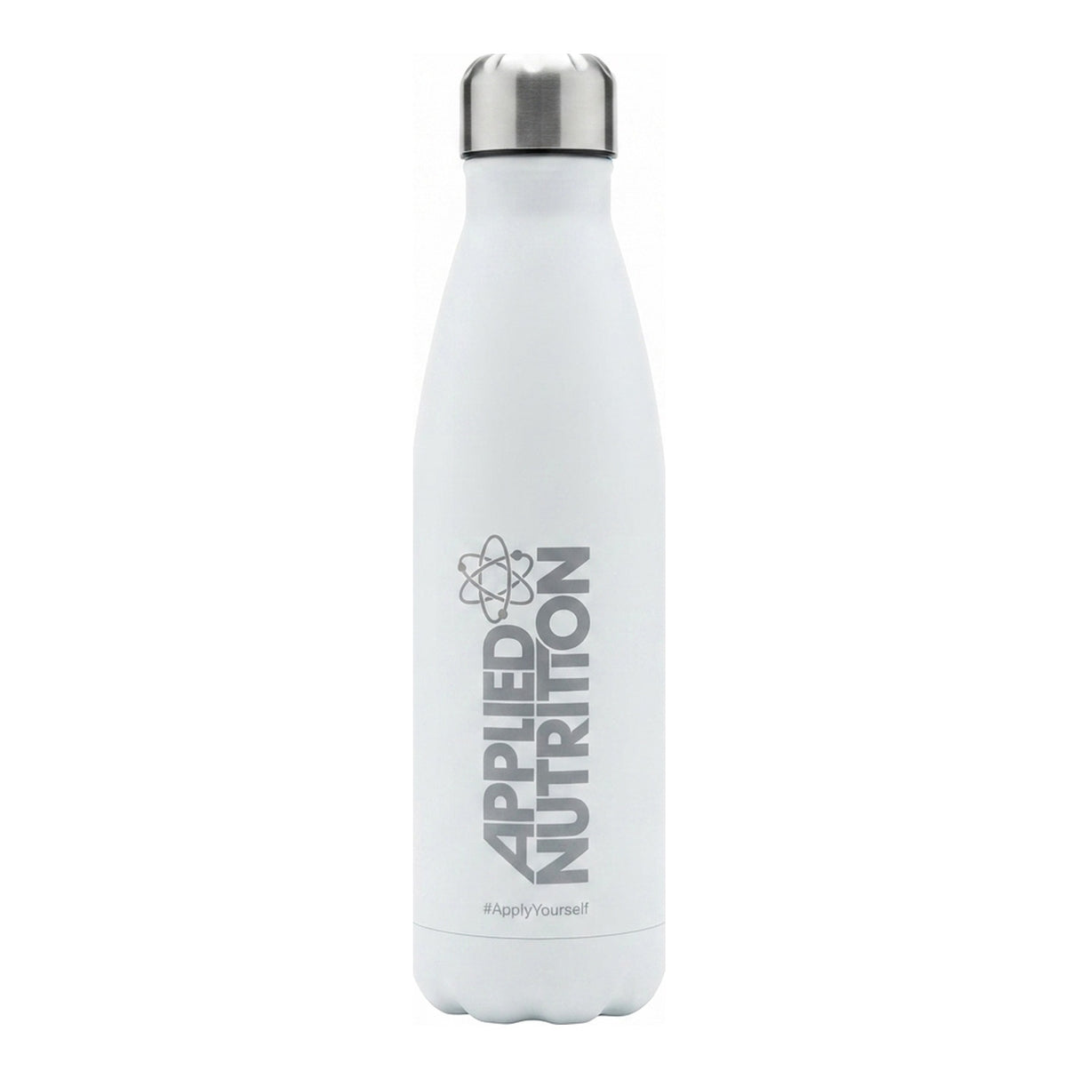 Botella de acero inoxidable Applied Nutrition 500 ml blanca con tapa plateada a rosca — logo Applied Nutrition