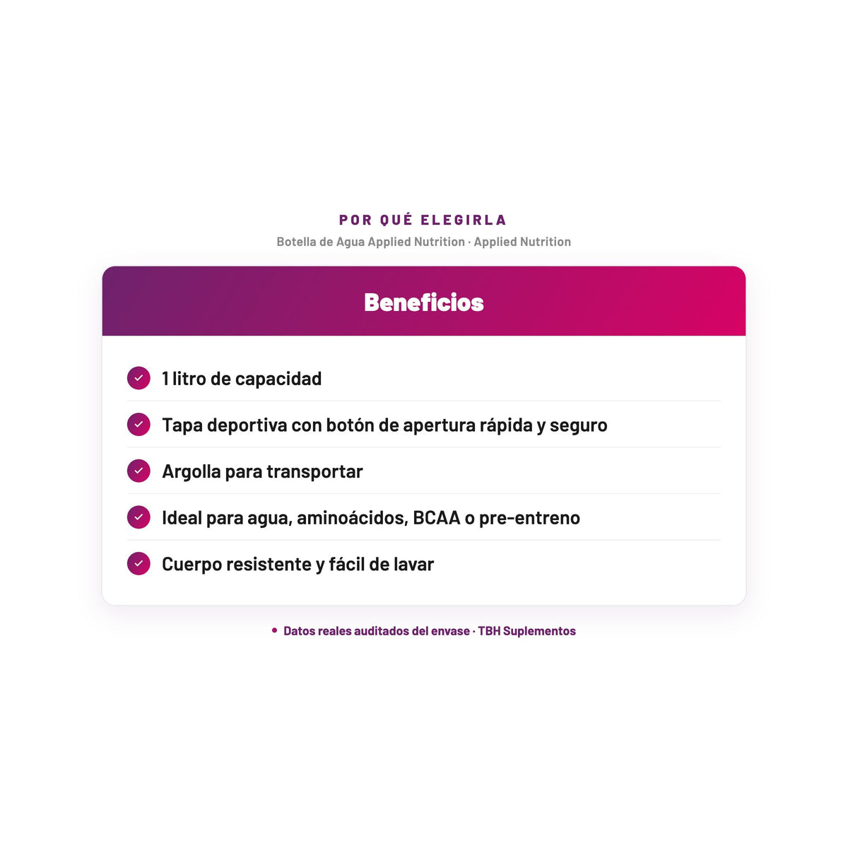 Botella de Agua Applied Nutrition — 1 litro de capacidad; Tapa deportiva con botón de apertura rápida y seguro; Argolla para transportar; Ideal para agua, aminoácidos, BCAA o pre-entreno; Cuerpo resistente y fácil de lavar