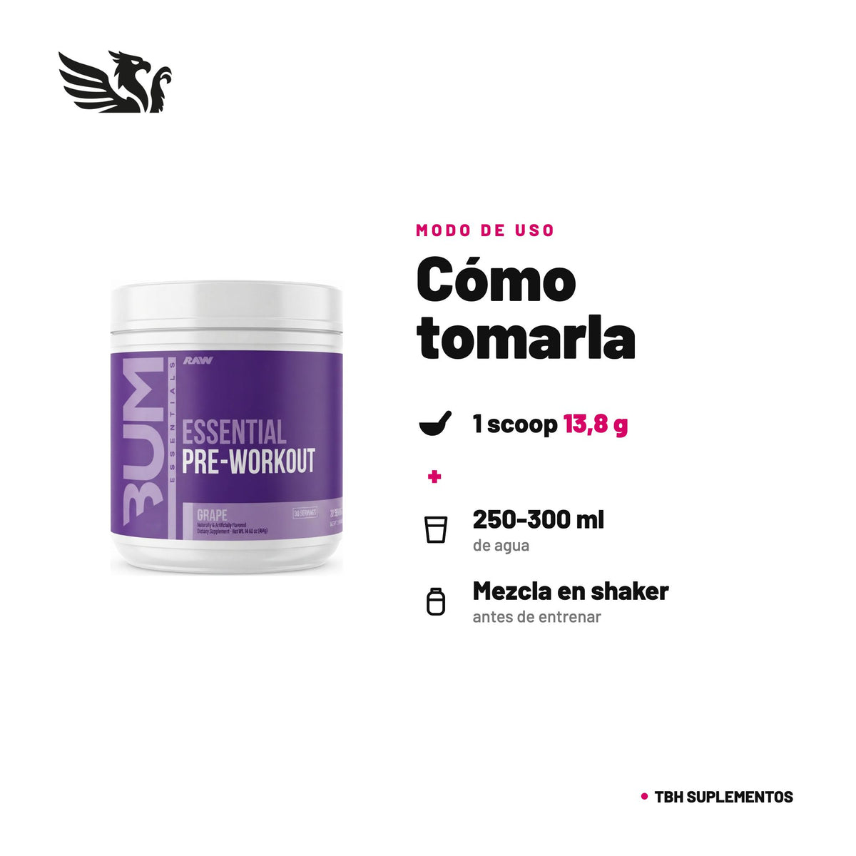 CBUM Essential Pre-Workout RAW — cómo tomarla, modo de uso: Mezcla 1 scoop (13,8 g) con 250-300 ml de agua y bébelo 30 min antes de entrenar. Para medir tu tolerancia, empieza con 1/2 scoop. Máximo 1 porción al día. 100% original, envío a todo Chile.