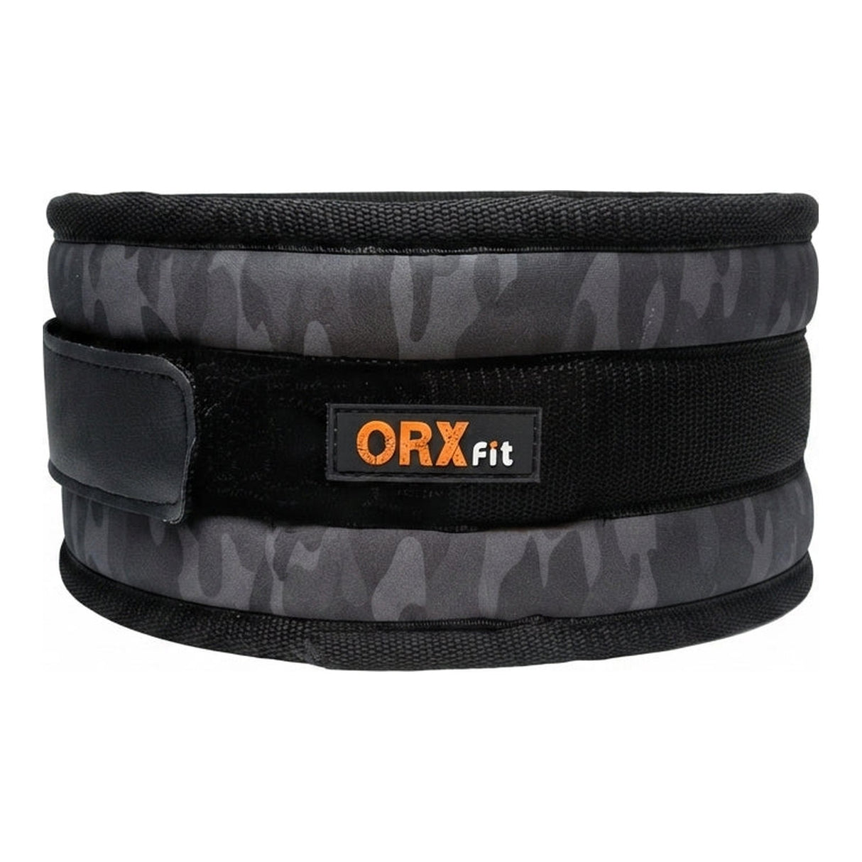 Cinturón de levantamiento ORXfit color Black Camo - neopreno acolchado contorneado con cierre de velcro y bordes ribeteados en nylon - vista frontal