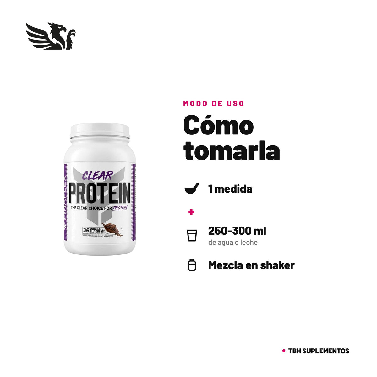 Finaflex Clear Protein — cómo tomarla, modo de uso: 1 medida en 250-300 ml de agua o leche, 1 a 2 veces al día. 100% original, envío a todo Chile.
