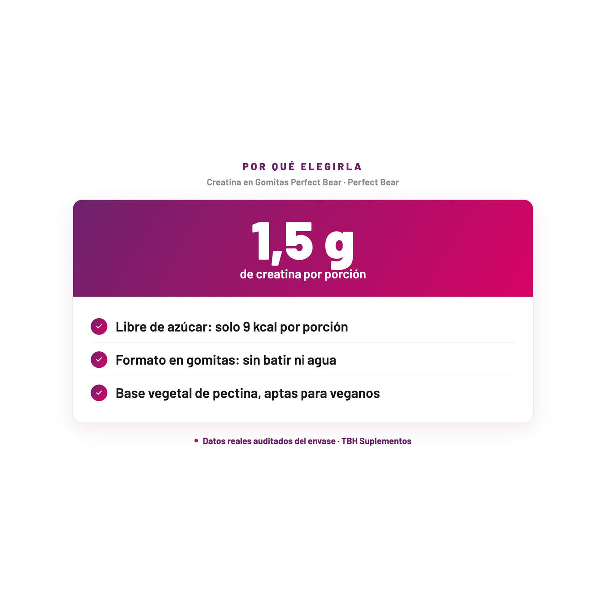 Creatina en Gomitas Perfect Bear — 1,5 g de creatina por porción; Libre de azúcar: solo 9 kcal por porción; Formato en gomitas: sin batir ni agua; Base vegetal de pectina, aptas para veganos