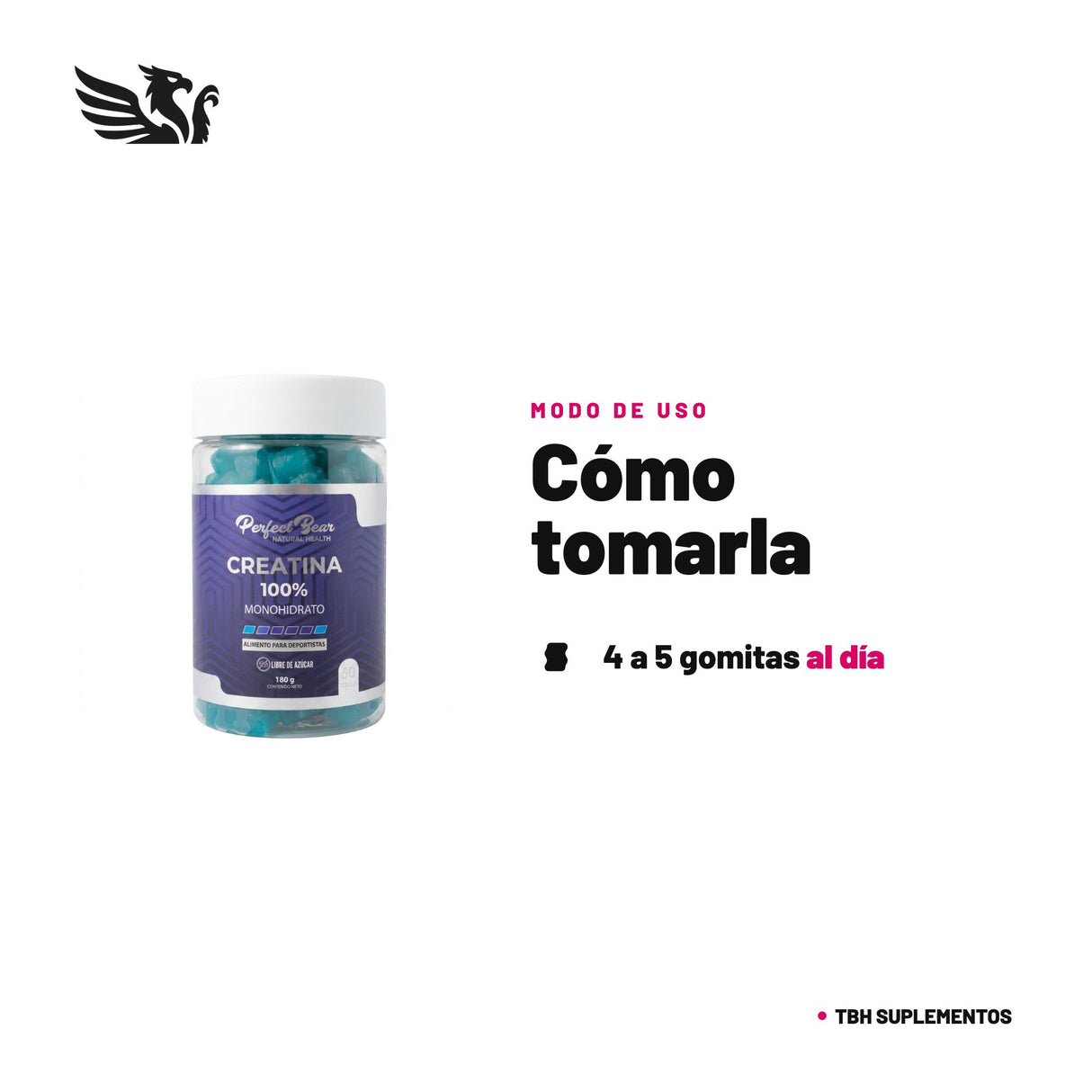 Creatina en Gomitas Perfect Bear — cómo tomarla, modo de uso: Consume 4 a 5 gomitas al día, a cualquier hora. No necesitas mezclar nada; lo importante es la constancia diaria. 100% original, envío a todo Chile.