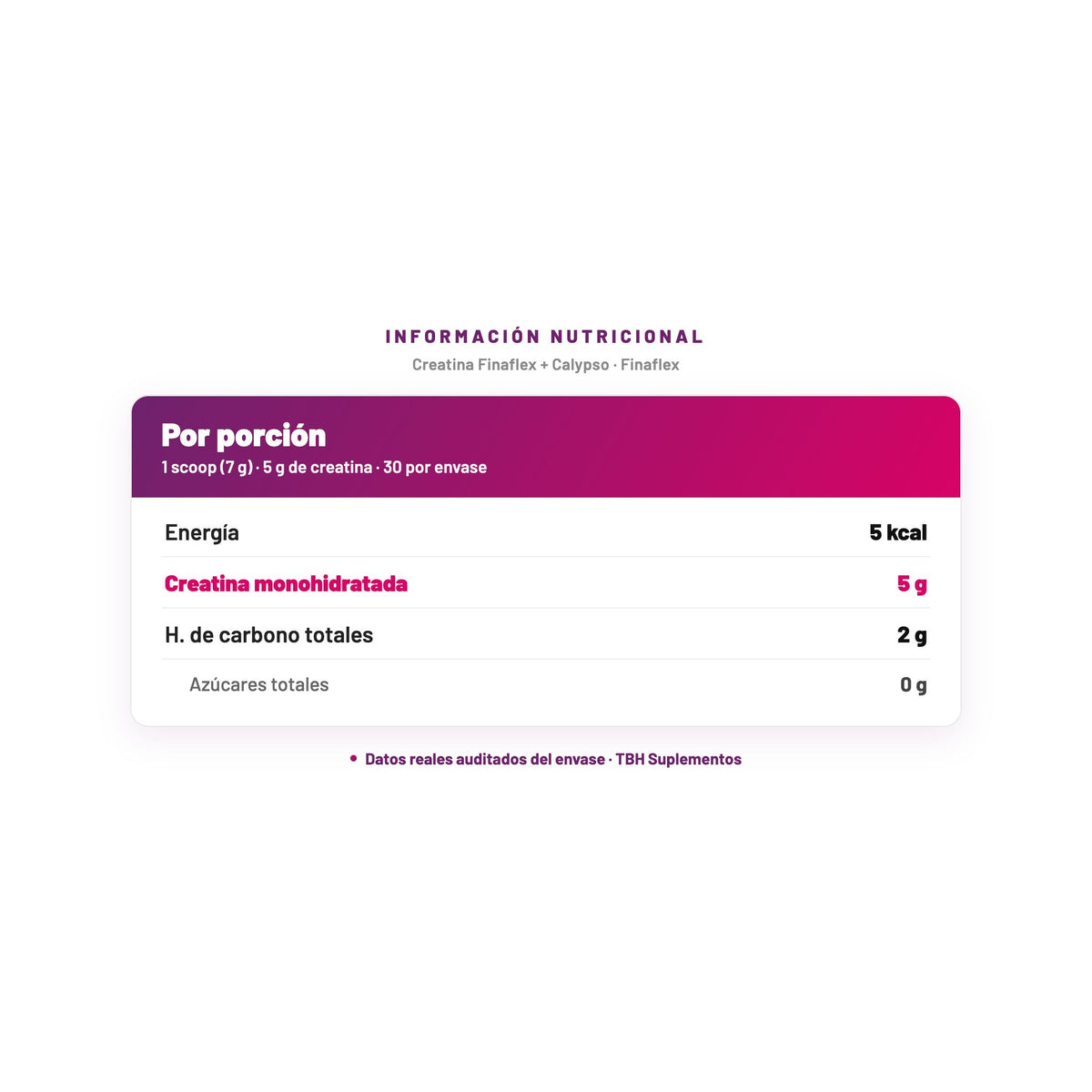 Creatina Finaflex + Calypso — información nutricional por porción, datos verificados del envase