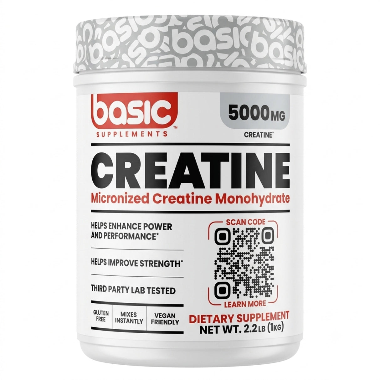 Creatina Monohidratada Basic formato 1 kg - creatina monohidrato micronizada, 5 g por porción, sin gluten y vegana - vista frontal del envase