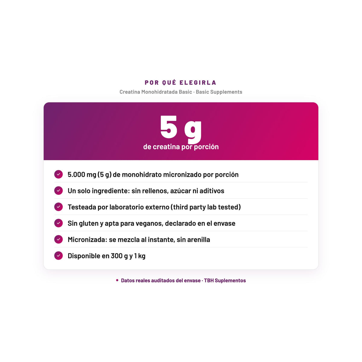 Creatina Monohidratada Basic — 5 g de creatina por porción; 5.000 mg (5 g) de monohidrato micronizado por porción; Un solo ingrediente: sin rellenos, azúcar ni aditivos; Testeada por laboratorio externo (third party lab tested); Sin gluten y apta para veganos, declarado en el envase…