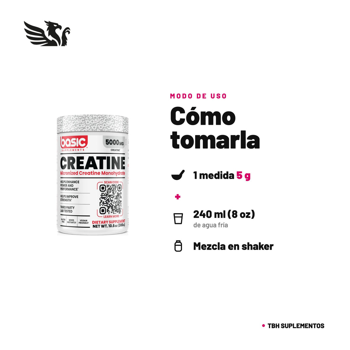 Creatina Monohidratada Basic — cómo tomarla, modo de uso: Mezcla 1 medida (5 g) de polvo con 240 ml (8 oz) de agua fría y agita o licúa. Consume 1 porción al día. 100% original, envío a todo Chile.
