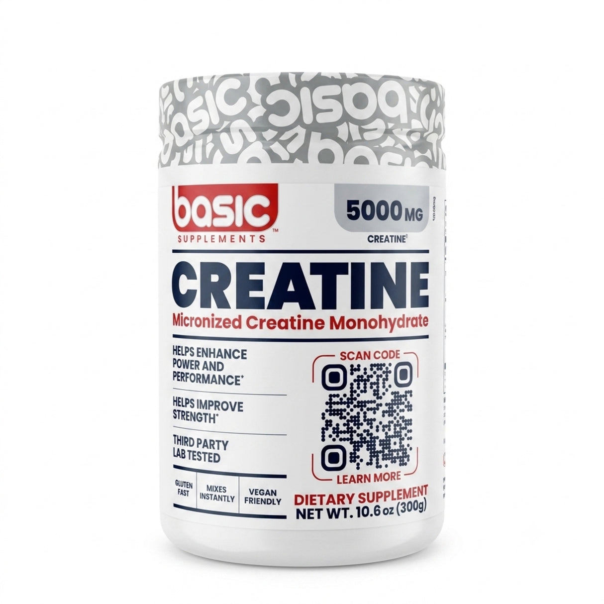 Creatina Monohidratada Basic - creatina monohidrato micronizada, 5 g por porción, sin gluten y vegana - vista frontal del envase