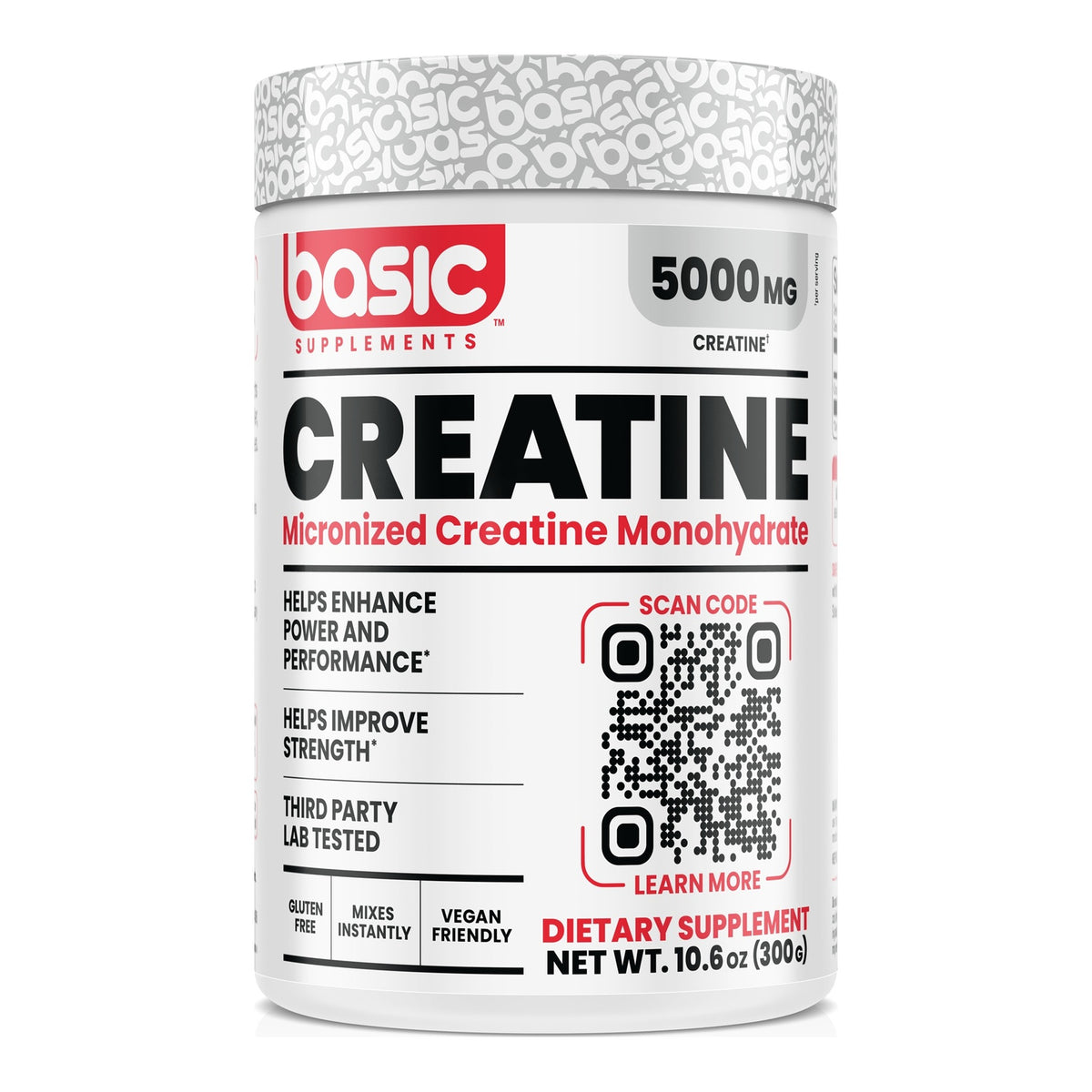 Creatina Monohidratada Basic 300 g sin sabor - 5 g de monohidrato micronizado por porción, sellos gluten free y vegan friendly - vista frontal del envase