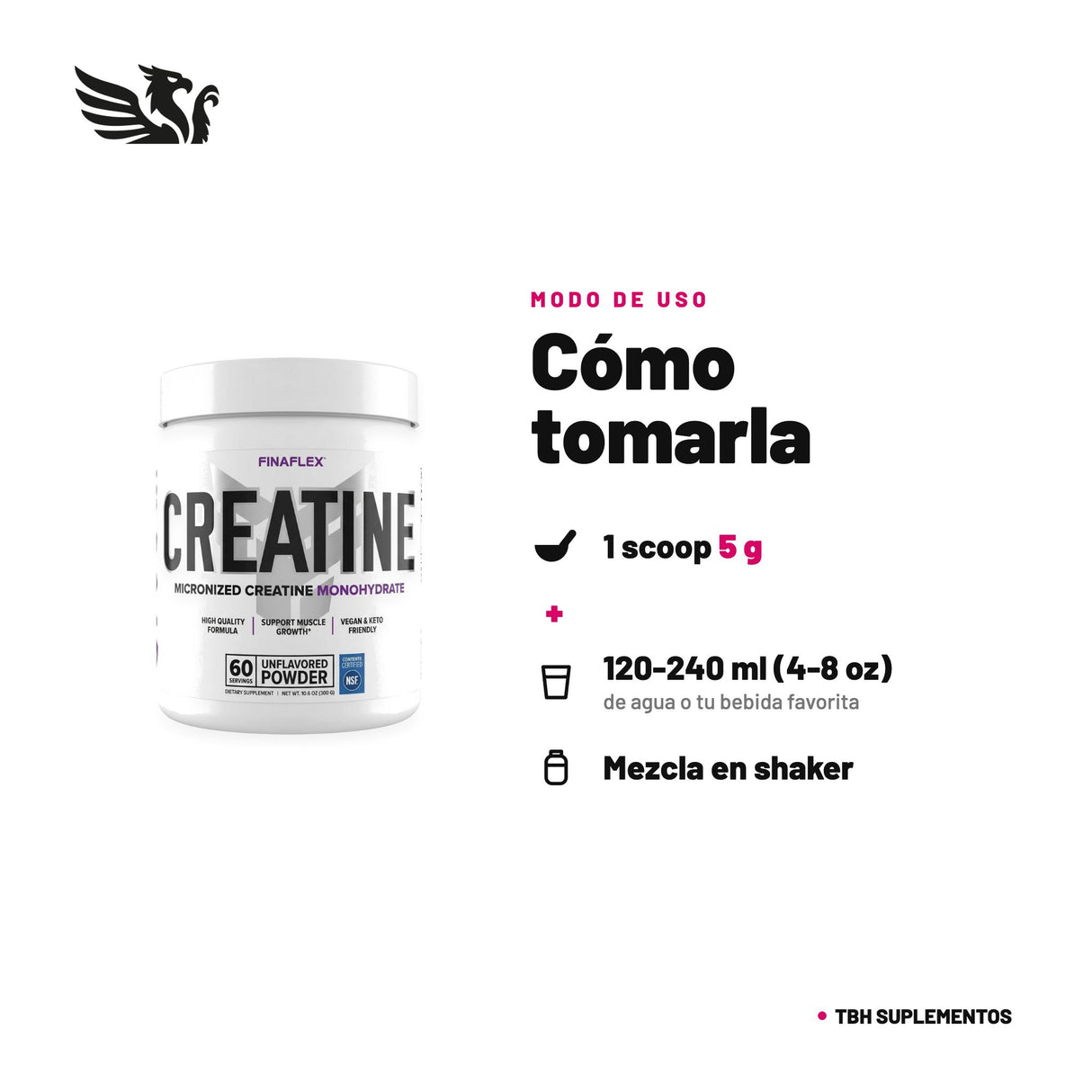 Creatina Monohidratada Finaflex — cómo tomarla, modo de uso: Mezcla 1 scoop (5 g) en 120-240 ml (4-8 oz) de agua o tu bebida favorita. Mantención: 1 scoop, 1 vez al día. Mantén una buena hidratación. 100% original, envío a todo Chile.