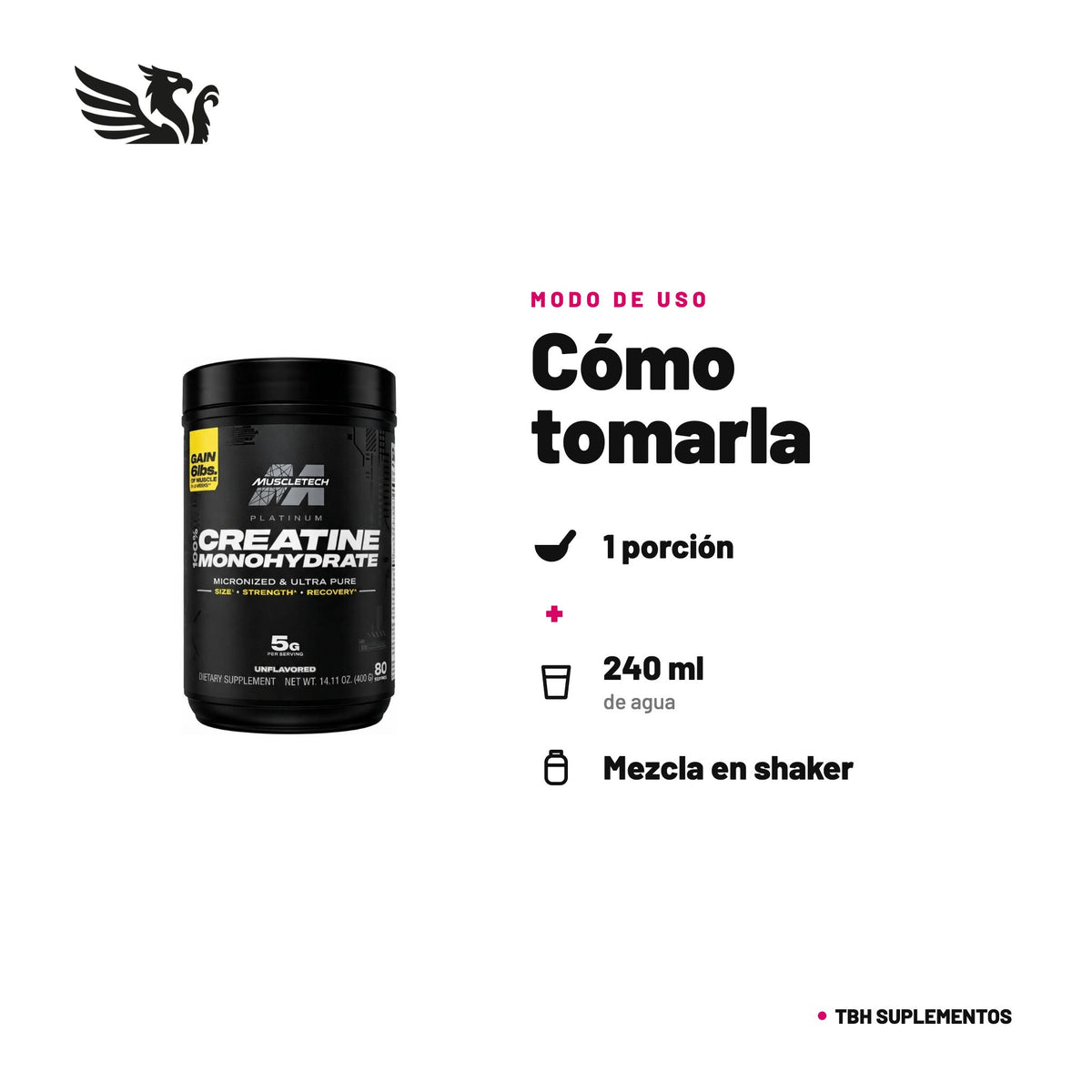 Creatina Monohidratada MuscleTech Platinum — cómo tomarla, modo de uso: Mezcla 1 porción (1 scoop, 5 g) en 240 ml de agua. Mantención: 1 a 2 veces al día. Carga opcional según el envase: 1 porción 4 veces al día durante los primeros 3 días. Mantén una buena hidratación. 100% original, envío a todo Chile.