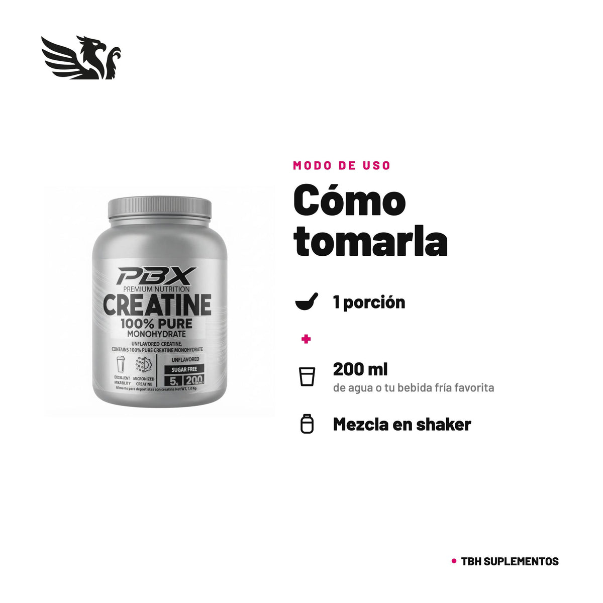 Creatina Monohidratada PBX — cómo tomarla, modo de uso: Mezcla 1 porción (1 medida dosificadora, 5 g) en 200 ml de agua o tu bebida fría favorita y bébela dentro de los 15 minutos. Consume 1 porción al día, todos los días. 100% original, envío a todo Chile.