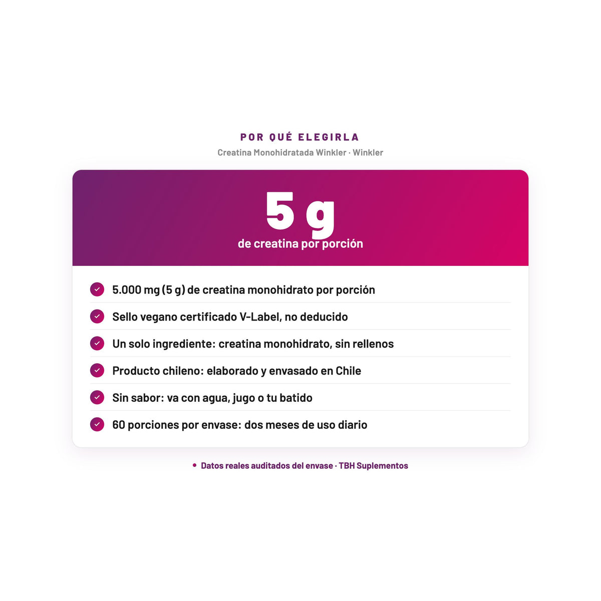 Creatina Monohidratada Winkler — 5 g de creatina por porción; 5.000 mg (5 g) de creatina monohidrato por porción; Sello vegano certificado V-Label, no deducido; Un solo ingrediente: creatina monohidrato, sin rellenos; Producto chileno: elaborado y envasado en Chile; Sin sabor: va con agua, jugo o tu batido…