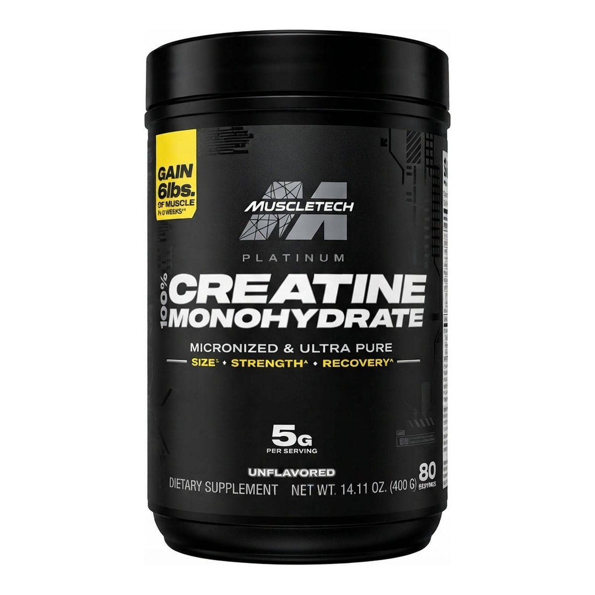 Creatina Monohidratada MuscleTech Platinum 400 g Sin sabor - 5 g de creatina micronizada por porción, 80 porciones - vista frontal del envase