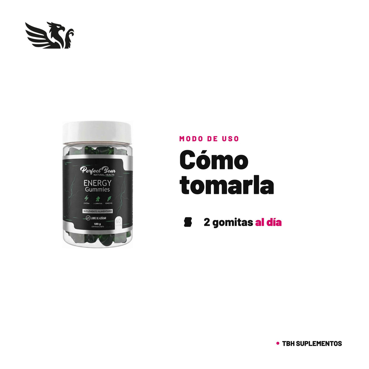 Energy Gummies Perfect Bear — cómo tomarla, modo de uso: Toma 2 gomitas (1 porción) al día, a cualquier hora. Consumo máximo diario: 1 porción. No superar la dosis recomendada. Suplemento alimenticio; no reemplaza una alimentación balanceada. 100% original, envío a todo Chile.