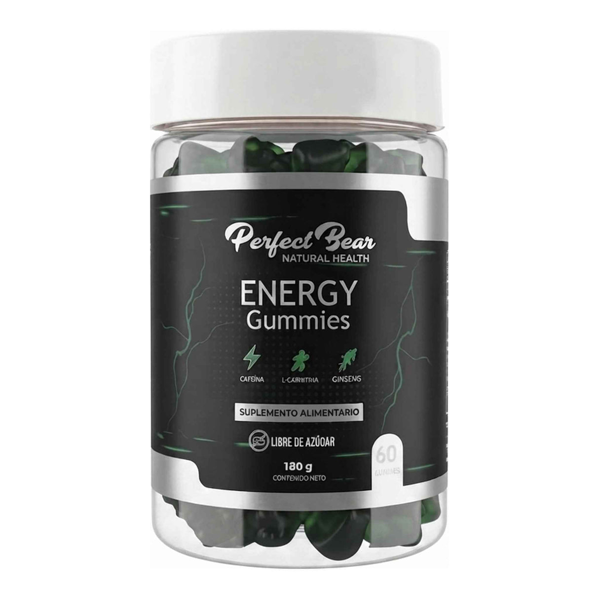 Energy Gummies de Perfect Bear — gomitas energéticas con cafeína, L-carnitina, ginseng y vitaminas, sabor manzana verde — frasco de 60 gomitas