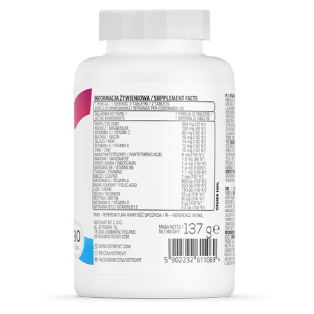 OstroVit 100% Vit&Min 90 Tabs – Multivitamínico Completo con 28 Vitaminas y Minerales para Deportistas