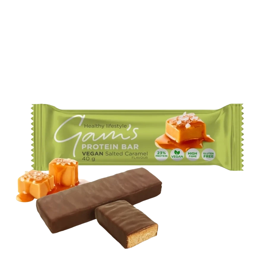Gam's Barra Proteína Vegana 40 g – Sabor Caramelo Salado, Plant-Based Sin Gluten