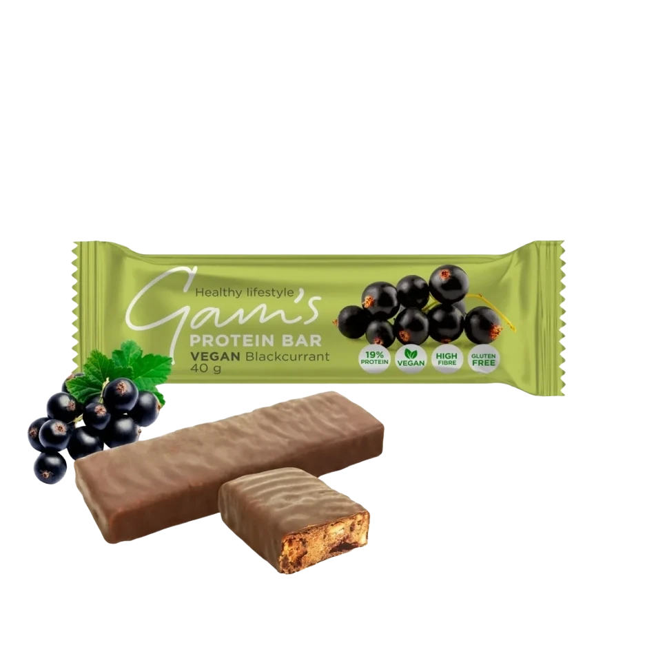 Gam's Barra Proteína Vegana 40 g – Sabor Grosella Negra, Plant-Based Sin Gluten