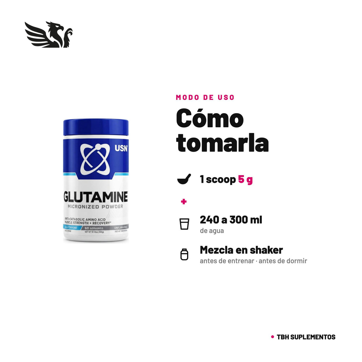Glutamina Micronizada USN — cómo tomarla, modo de uso: Mezcla 1 scoop (5 g) con 240 a 300 ml de agua, jugo o tu batido de proteína. El envase recomienda 1 porción antes de entrenar y otra después, y tomarla antes de dormir para mejores resultados. Mantén una buena hidratación mientras la uses. 100% original…