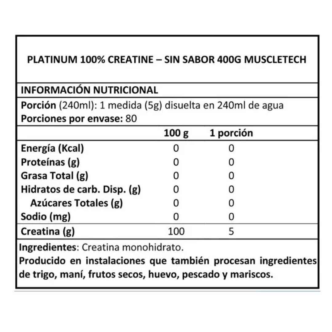 Platinum Creatine Muscletech 400g | 100% Creatina Monohidratada Micronizada | TBH Suplementos Chile - TBH Suplementos