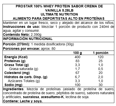 Información nutricional Prostar 100% Whey Protein Ultimate Nutrition - tabla nutricional proteína 25g BCAA Chile TBH