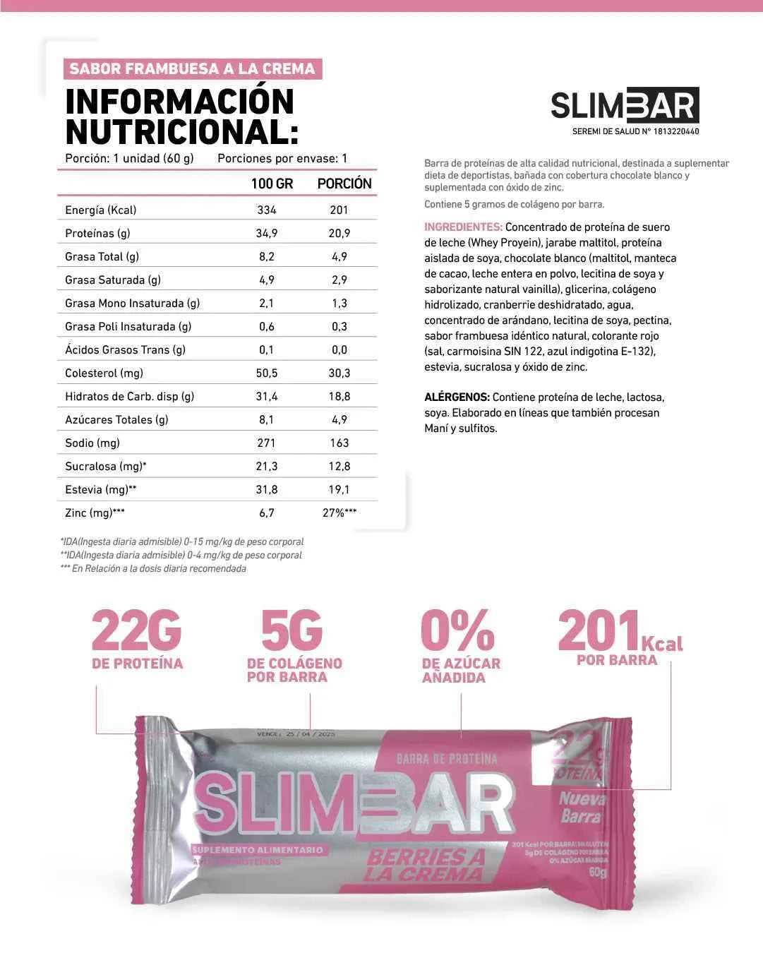 Barra Proteína SlimBar Berries a la Crema (Unidad) | 21g Proteína, 0 Azúcar Añadida y 5g Colágeno - TBH Suplementos