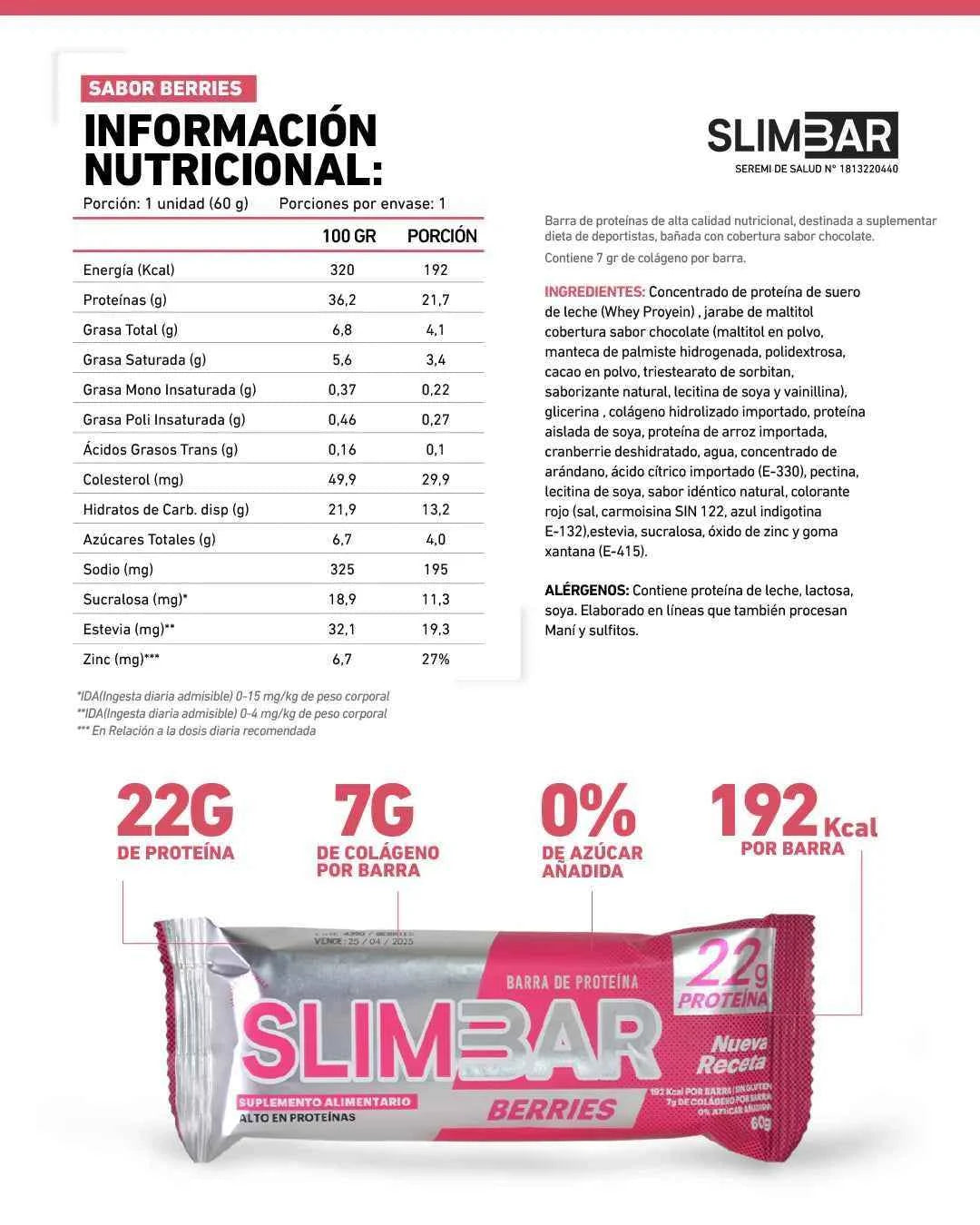 Slimbar Berries Unidad | 22g Proteína, 7g Colágeno, 0 Azúcar - TBH Suplementos