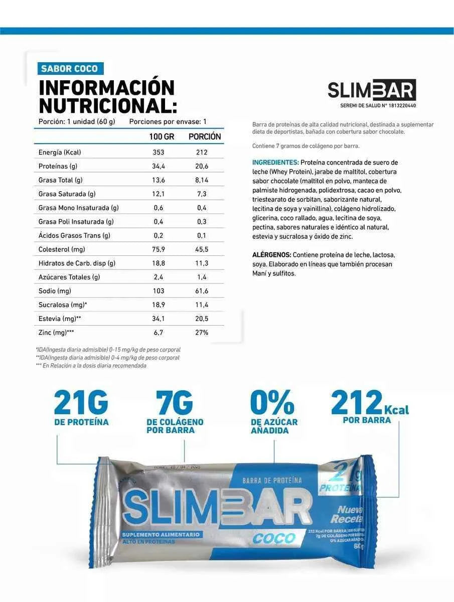 Barra Proteína SlimBar Coco (Unidad) | 21g Proteína, 0 Azúcar Añadida y 7g Colágeno - TBH Suplementos