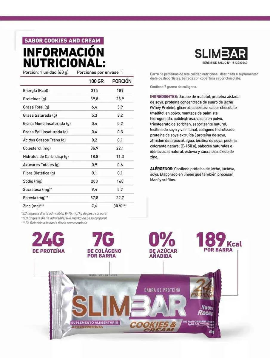 Barra Proteína SlimBar Cookies and Cream (Unidad) | 24g Proteína, 0 Azúcar Añadida y 7g Colágeno - TBH Suplementos