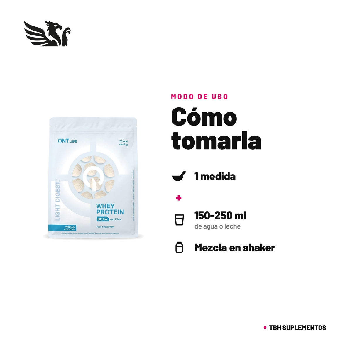 QNT Light Digest Whey Protein — cómo tomarla, modo de uso: 1 medida en 150-250 ml de agua o leche, 1 a 2 veces al día. 100% original, envío a todo Chile.