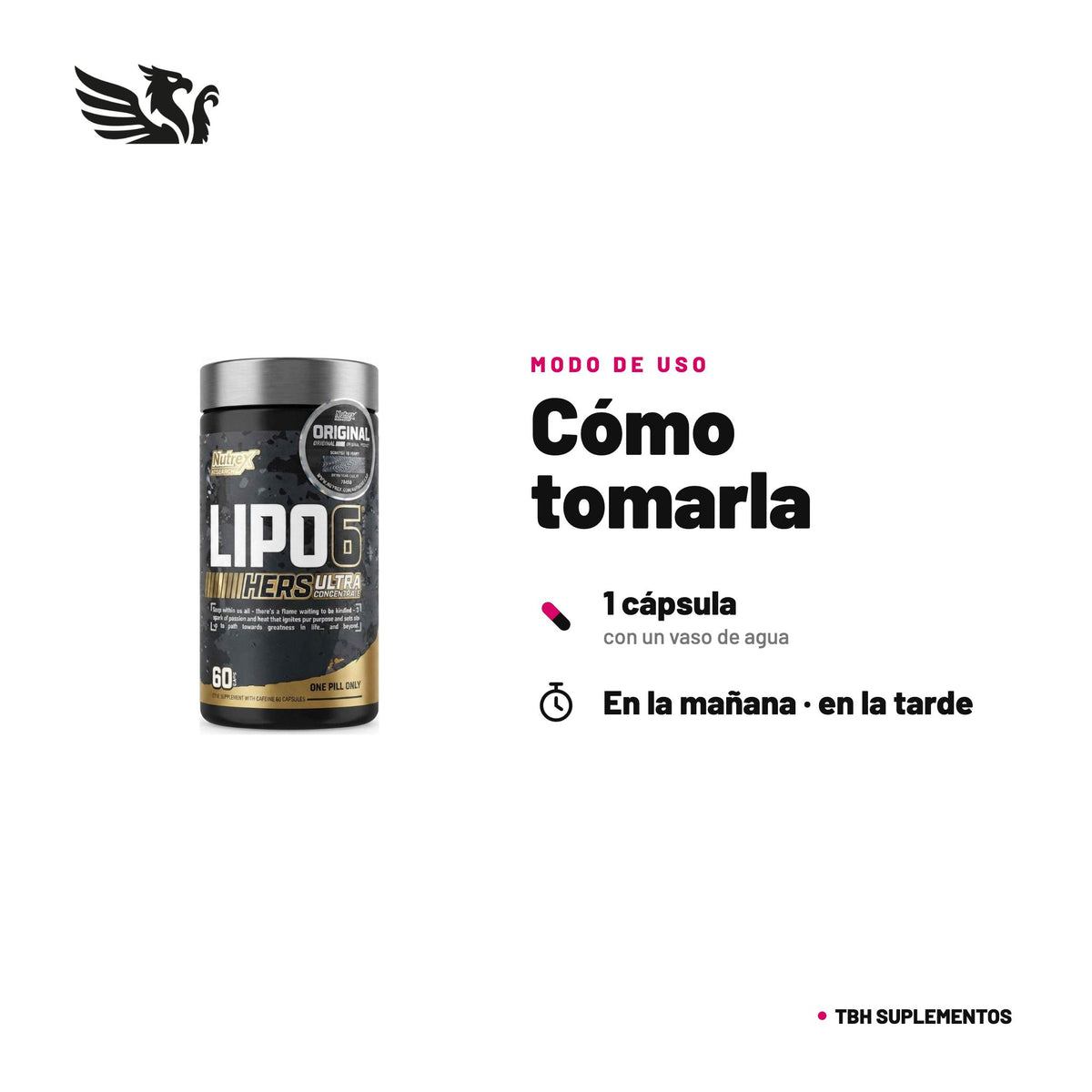 Lipo-6 Black Hers Ultra Concentrate Nutrex — cómo tomarla, modo de uso: Dosis para adultos: 1 cápsula en la mañana y 1 en la tarde. No superar 2 cápsulas al día. No tomar con alimentos ni dentro de las 6 horas previas a dormir. Usar solo según indicaciones. 100% original, envío a todo Chile.
