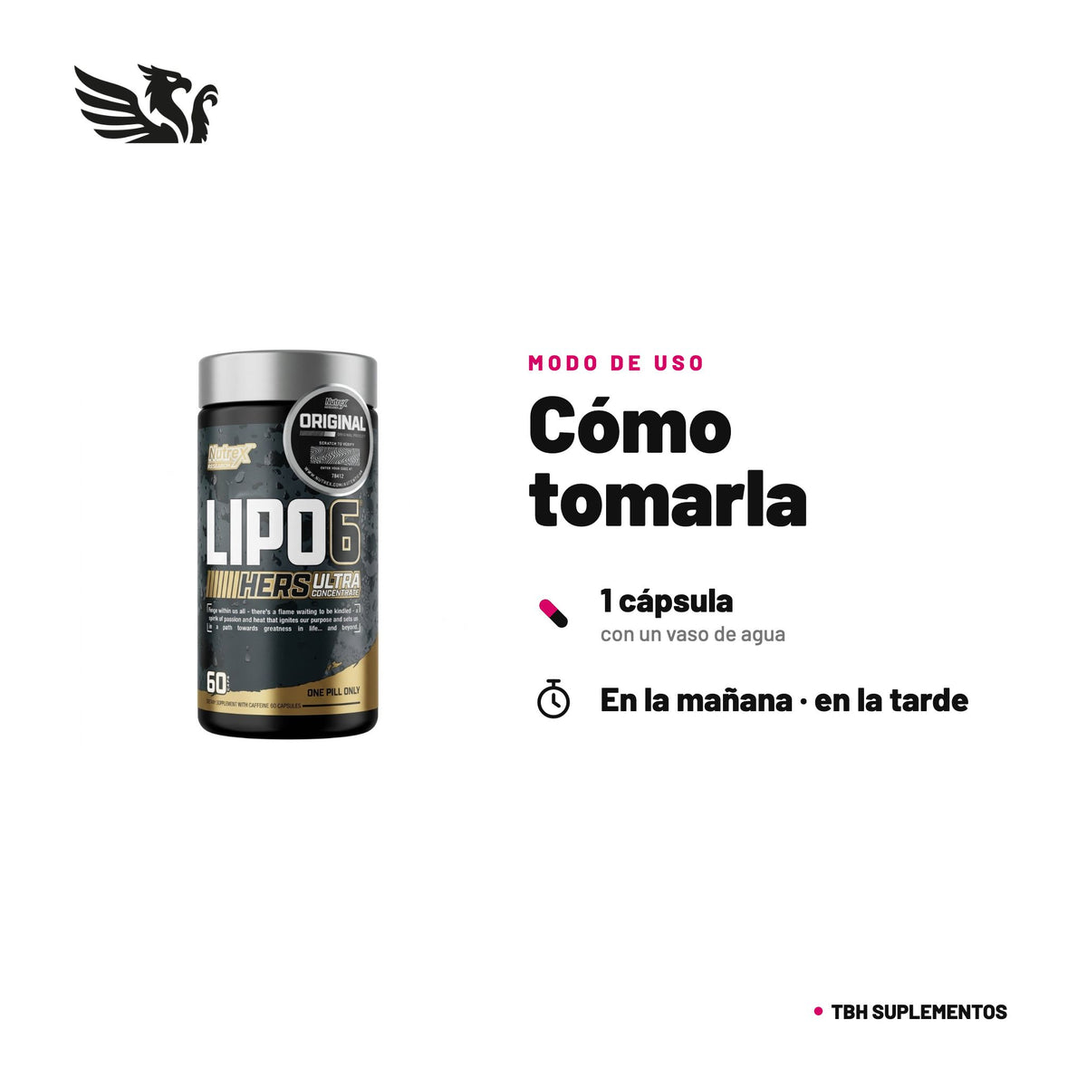 Lipo-6 Black Hers Ultra Concentrate Nutrex — cómo tomarla, modo de uso: Dosis para adultos: 1 cápsula en la mañana y 1 en la tarde. No superar 2 cápsulas al día. No tomar con alimentos ni dentro de las 6 horas previas a dormir. Usar solo según indicaciones. 100% original, envío a todo Chile.