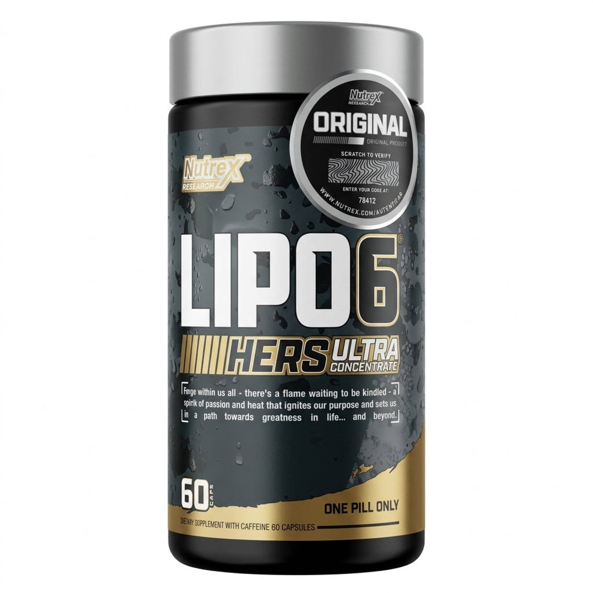 Lipo-6 Hers Ultra Concentrate Nutrex 60 cápsulas - 222 mg de cafeína total por cápsula, cápsula vegetal apta para veganos - vista frontal del frasco