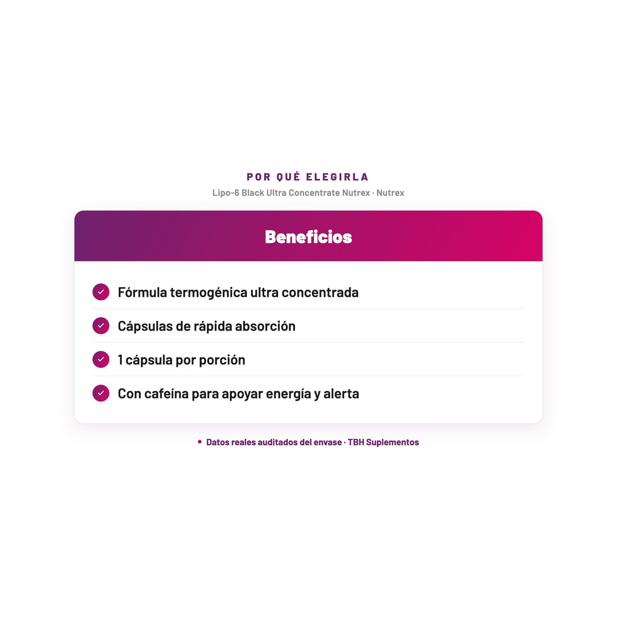 Lipo-6 Black Ultra Concentrate Nutrex — Fórmula termogénica ultra concentrada; Cápsulas de rápida absorción; 1 cápsula por porción; Con cafeína para apoyar energía y alerta