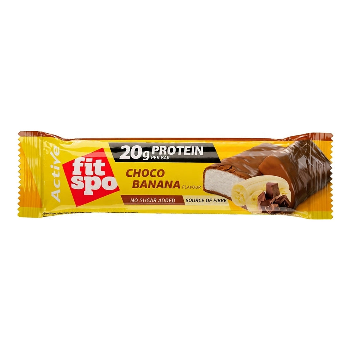 Barra de proteína Low Carb Bar FitSpo sabor Choco Banana 60g - 20 g de proteína y 1,5 g de azúcares por barra - vista frontal del envase