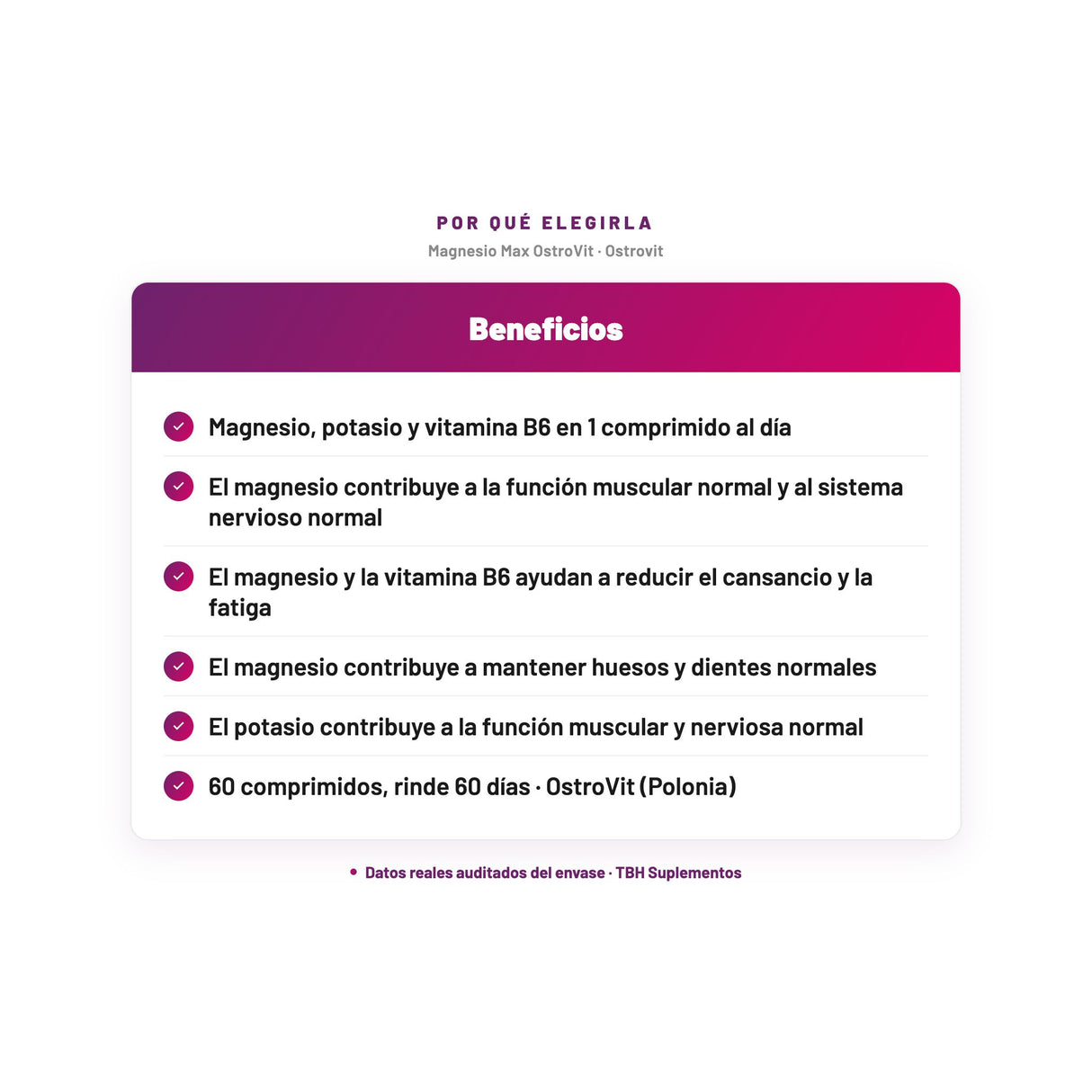 Magnesio Max OstroVit — Magnesio, potasio y vitamina B6 en 1 comprimido al día; El magnesio contribuye a la función muscular normal y al sistema nervioso normal; El magnesio y la vitamina B6 ayudan a reducir el cansancio y la fatiga; El magnesio contribuye a mantener huesos y dientes normales; El potasio contribuye a la función muscular y nerviosa normal; 60 comprimidos, rinde 60 días · OstroVit (Polonia)