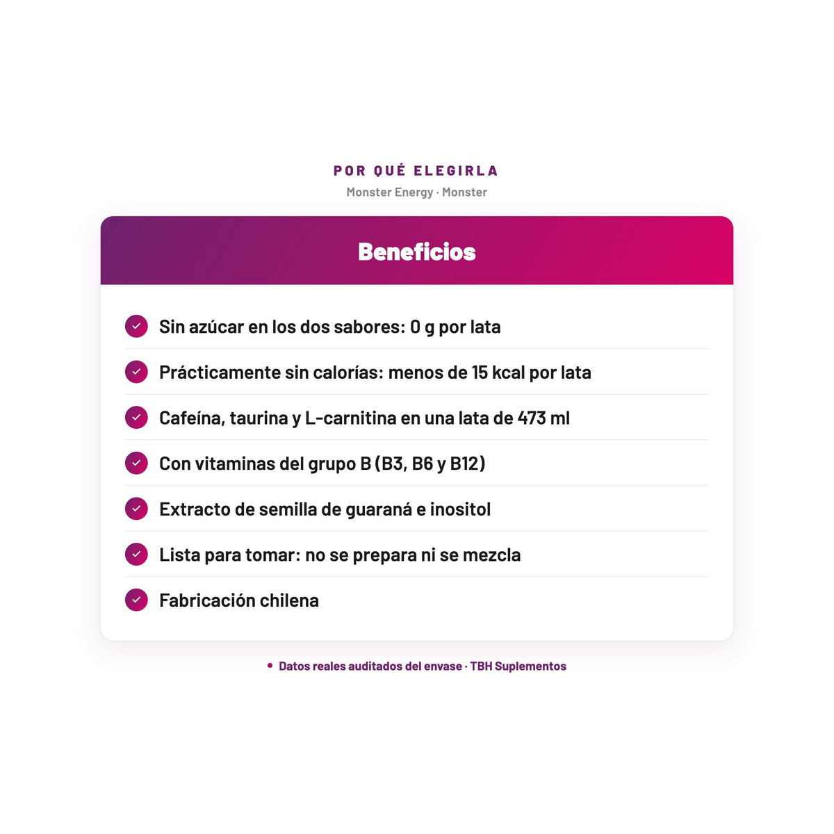 Monster Energy — Sin azúcar en los dos sabores: 0 g por lata; Prácticamente sin calorías: menos de 15 kcal por lata; Cafeína, taurina y L-carnitina en una lata de 473 ml; Con vitaminas del grupo B (B3, B6 y B12); Extracto de semilla de guaraná e inositol; Lista para tomar: no se prepara ni se mezcla…